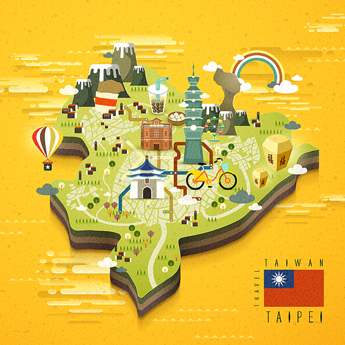 Taipei famous attractions travel map in flat design