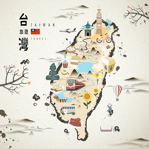 Taiwan famous attractions travel map in ink style