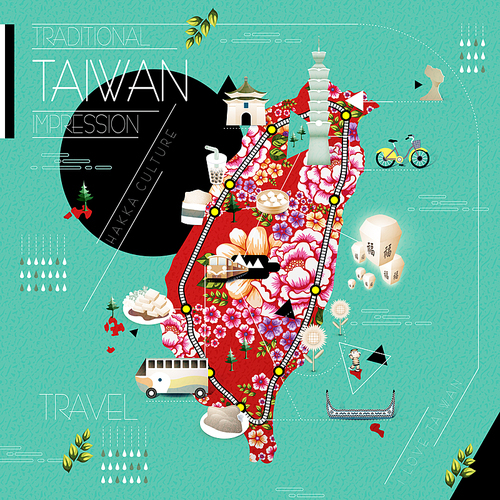 Taiwan attractions and dishes travel map with hakka printed cloth