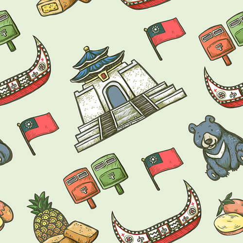 hand drawn Taiwan attractions and dishes seamless background