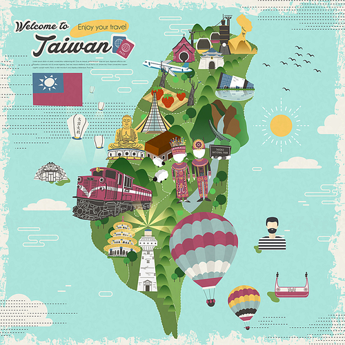 colorful Taiwan attractions and dishes travel map in flat design