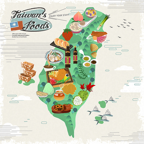 delicious Taiwan snacks travel map in flat design