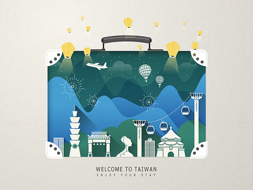 fantastic Taiwan attractions design - landmarks in the suitcase