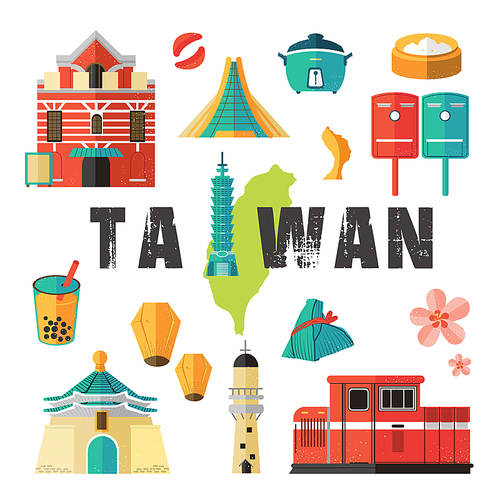 Taiwan travel concept - landmarks and dishes collection in flat design