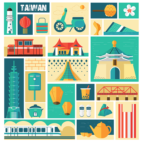 Taiwan travel concept - landmarks and dishes collection in stamp style