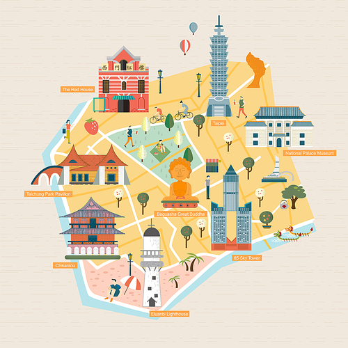Taiwan travel concept - landmarks in flat design style