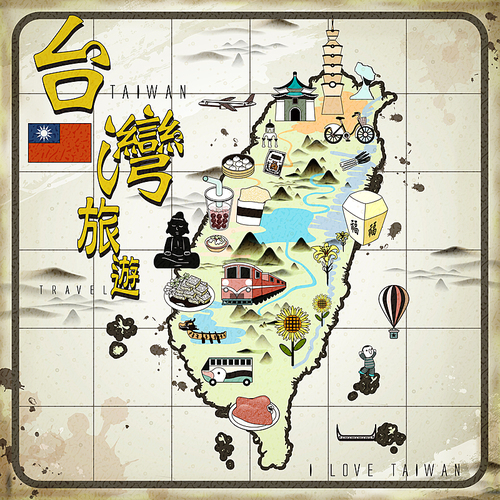 Taiwan travel map  - Taiwan travel in Chinese words on upper left and  blessing word in chinese on the sky lantern
