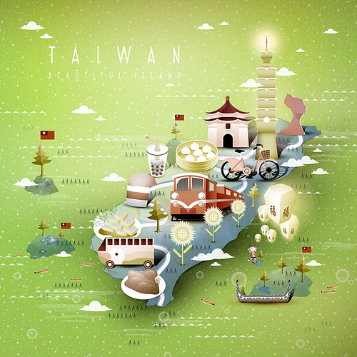 amazing Taiwan attractions map in 3d isometric style -blessing word in chinese on the sky lantern