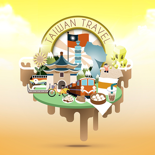 Taiwan travel concept illustration with attractions and specialties