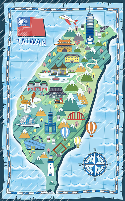 adorable Taiwan travel map with attractions in flat style