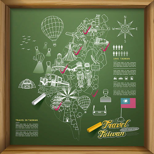 lovely Taiwan travel poster design on chalkboard - Chinese blessing word on sky lantern