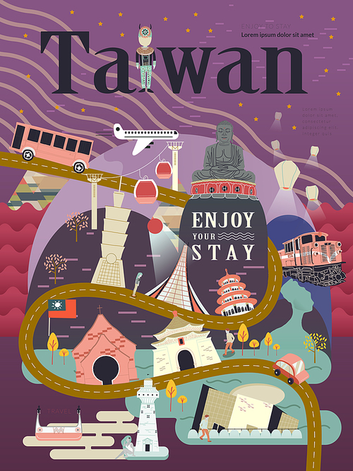 lovely Taiwan travel poster design with famous attractions