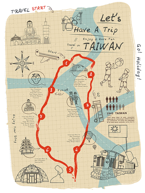 creative Taiwan travel map on notepaper in line style
