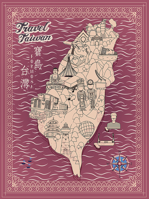 retro Taiwan travel map in line style - Taiwan Formosa in Chinese words on upper left
