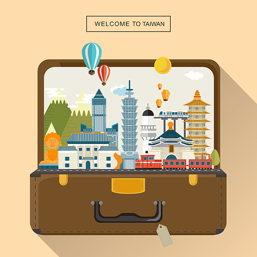 lovely Taiwan travel poster design - attractions in luggage