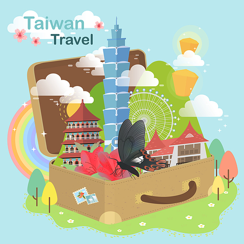 adorable Taiwan travel concept - attractions in luggage
