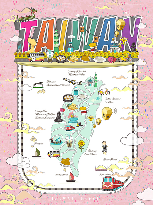 Taiwan travel map design with attractions and gourmets in vivid color