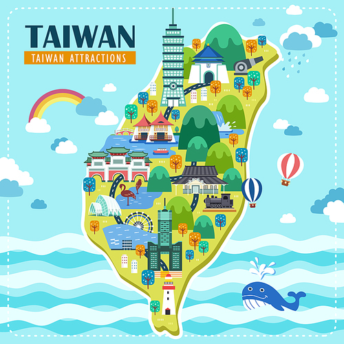 adorable Taiwan travel map design with famous attractions