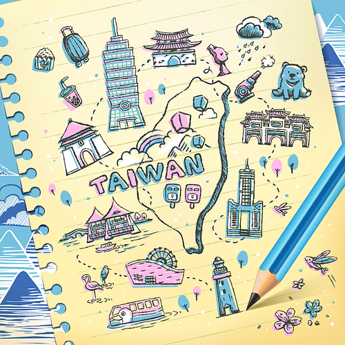 Taiwan travel map drawn on notepaper in pink and blue