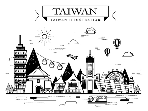 Taiwan travel concept poster with famous attractions in monochrome