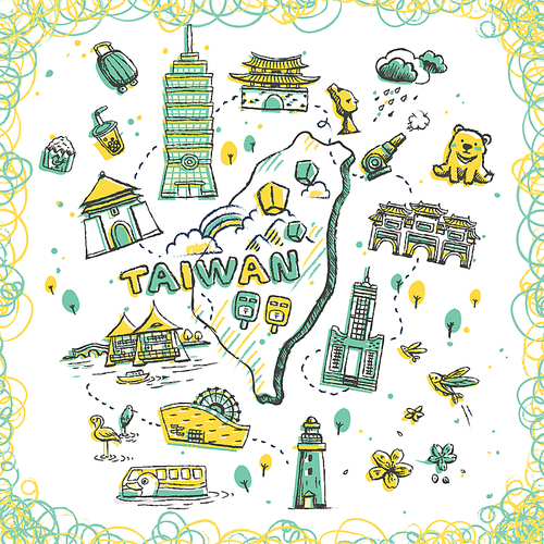 lovely Taiwan travel map with famous attractions in doodle style