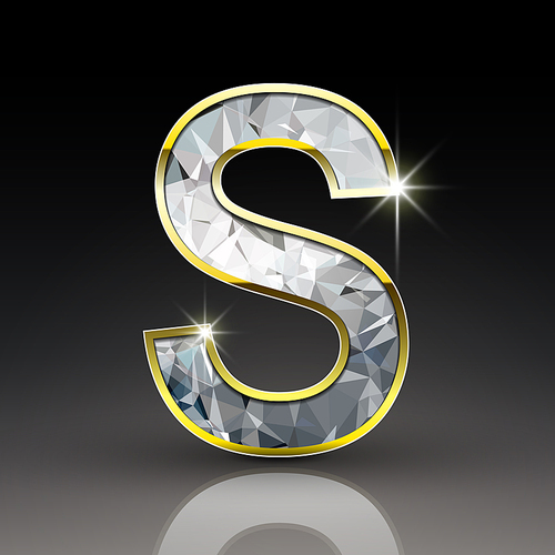 3d shiny diamond letter S isolated on black background