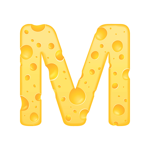 3d cheese letter M isolated on white 