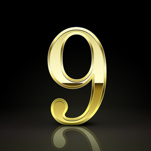 3d elegant golden number 9 isolated