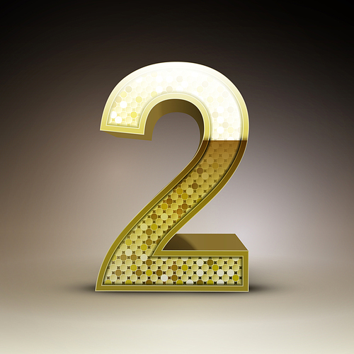 3d golden sequins number 2 isolated on brown background