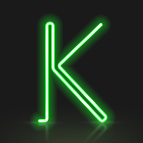 3d green neon light letter K isolated on black background