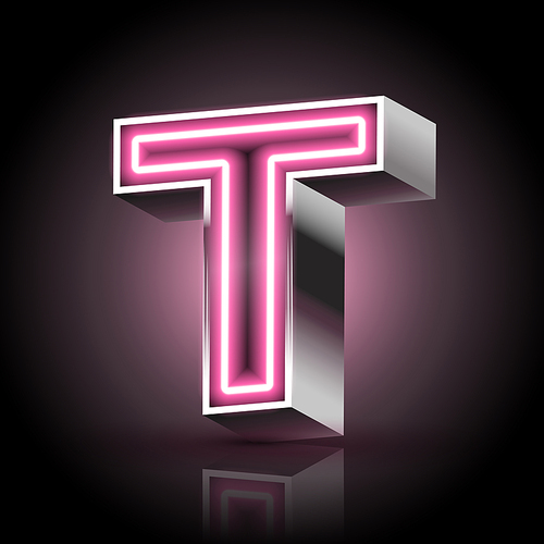 3d pink neon light letter t isolated on black