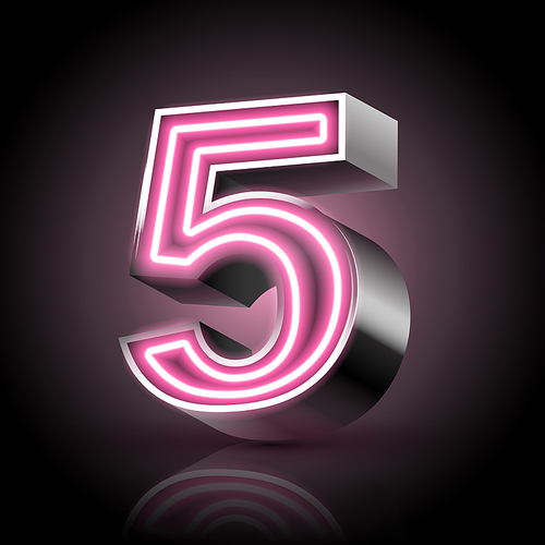 3d pink neon light number 5 isolated on black
