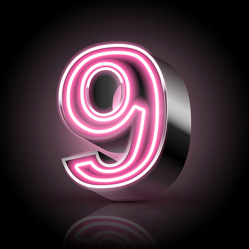 3d pink neon light number 9 isolated on black background