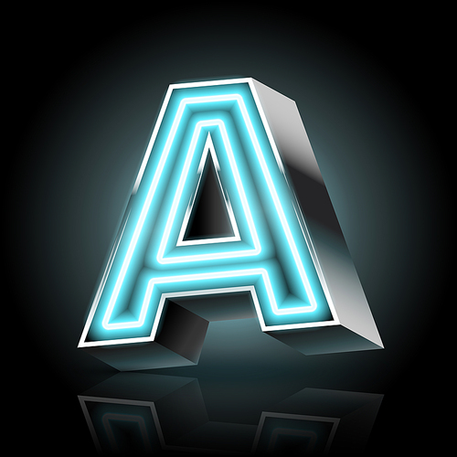 3d blue neon light letter a isolated on black