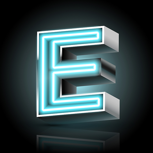 3d blue neon light letter E isolated on black background