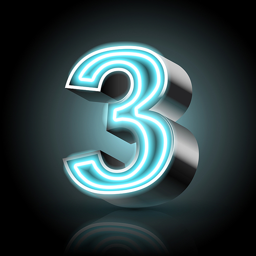 3d blue neon light number 3 isolated on black background