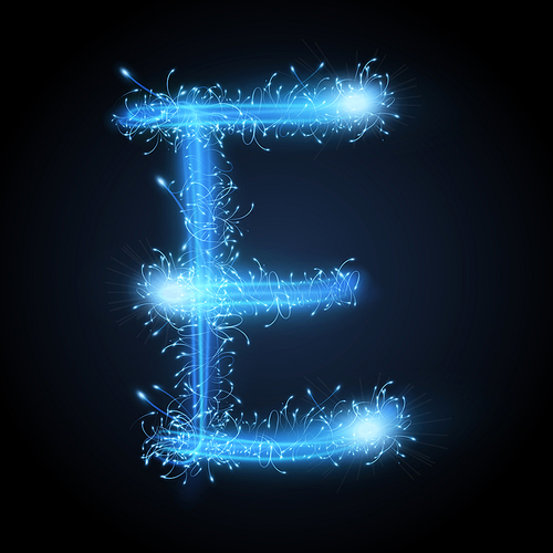 3d blue sparkler firework letter E isolated on black background