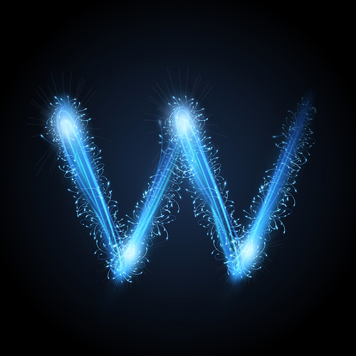 3d blue sparkler firework letter w isolated on black