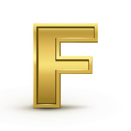 3d bright golden letter F isolated on white 