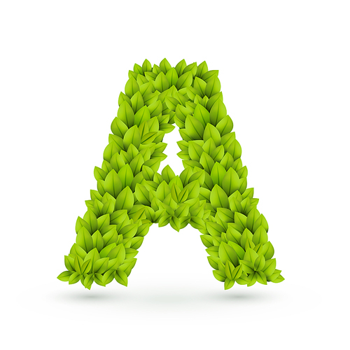 3d green leaves alphabet A isolated on white 