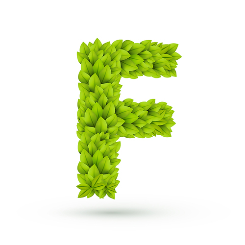 3d green leaves alphabet F isolated on white 