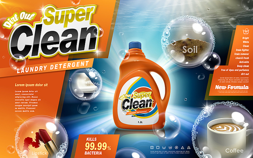 Laundry detergent ad, new formula antibacterial, orange background, 3d illustration