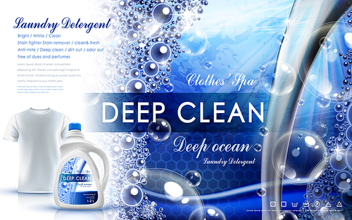 Laundry detergent ad, new formula antibacterial, blue background, 3d illustration
