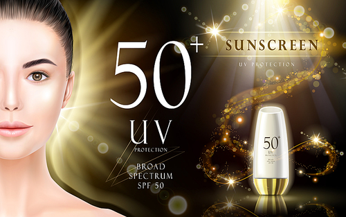 protective sunscreen delicate advertisement, golden background, 3d illustration