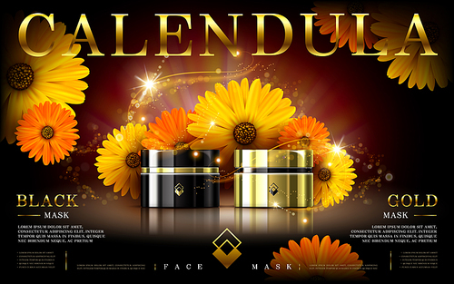 calendula gold and black mask ad, contained in cosmetic jars, 3d illustration