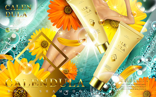 calendula body shampoo ad with foam and lady, contained in tube, underwater background, 3d illustration