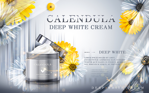 calendula deep white cream ad, contained in cosmetic jars, silver background, 3d illustration