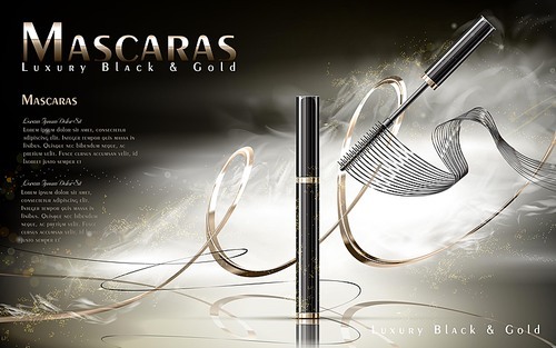 Luxury mascaras ads, black and golden package with streamline, foggy background, 3d illustration