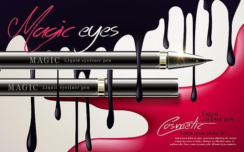 Eyeliner pen ads, cosmetic product template with black liquid dripping from top, 3d illustration