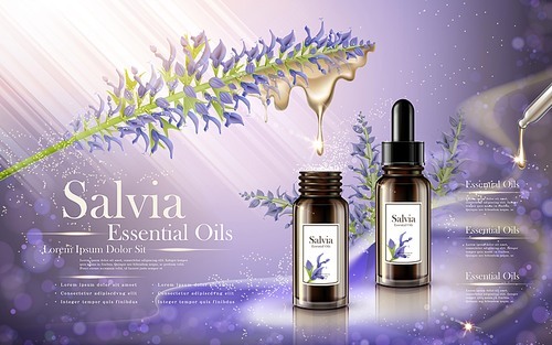 salvia essential oils contained in droplet bottle, lavender color background, 3D illustration